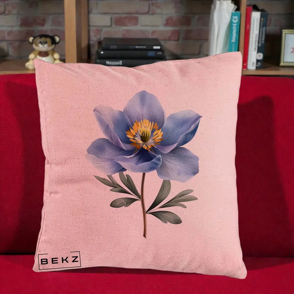 Perna Decorativa Anemona Albastra Botanica, 40x40 cm, Roz, Husa Detasabila, Perna Inclusa, BEKZ®