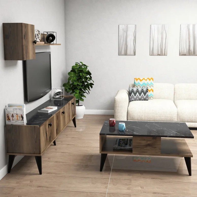 Set Comoda TV si Masuta de Cafea Living Lidya1 Walnut-Marble