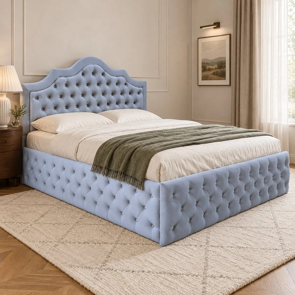 Pat tapițat Chesterfield din catifea Imperio Deluxe 160×200 cm, gri deschis, cu ladă de depozitare
