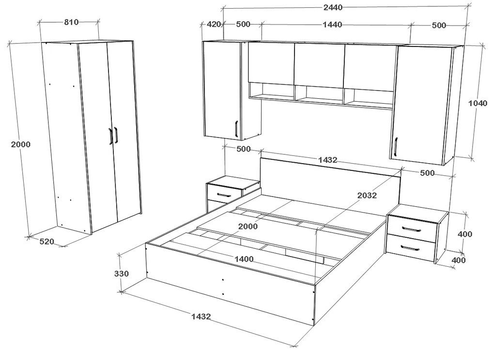 Set haaus V17, Pat 200 x 140 cm, Stejar Alb/Antracit