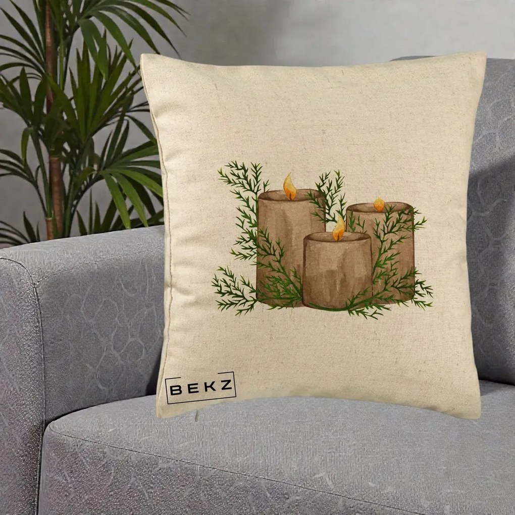 Perna Decorativa Lumanari Rustice cu Crengute Brad, 40x40 cm, Bej, Husa Detasabila, Perna Inclusa, BEKZ®