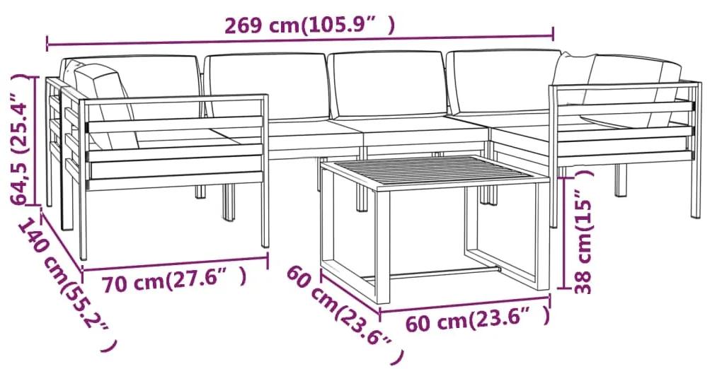 Set mobilier de gradina cu perne, 7 piese, antracit, aluminiu 4x colt + 2x mijloc + masa, 1