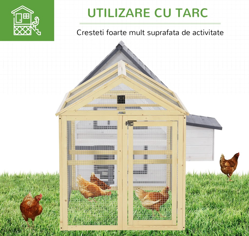 PawHut Adăpost pentru Găini de Exterior din Lemn, Cușcă cu Uși Multiple și Plasă Metalică, 140x88.5x106 cm, culoare Lemn | Aosom Romania