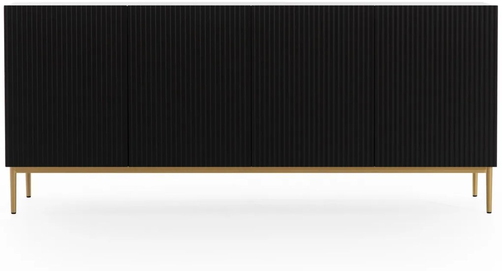 Comodă Nicole 200 cm cu patru uși, fronturi riflate - negru mat / picioare aurii