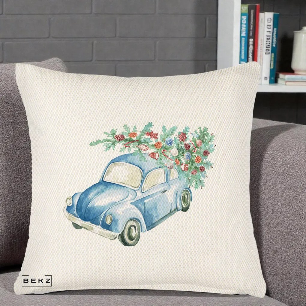 Perna Decorativa Masinuta Albastra cu Brad de Craciun, 40x40 cm, Crem Reliefat, Husa Detasabila, Perna Inclusa, BEKZ®