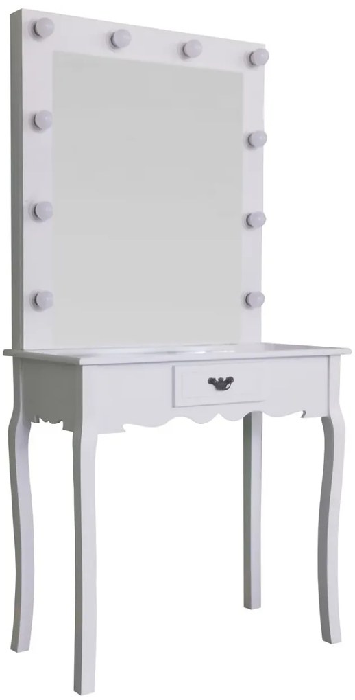 Masă de toaletă Constance, Masă pentru machiaj cu oglindă iluminată LED, 1 sertar, Alb
