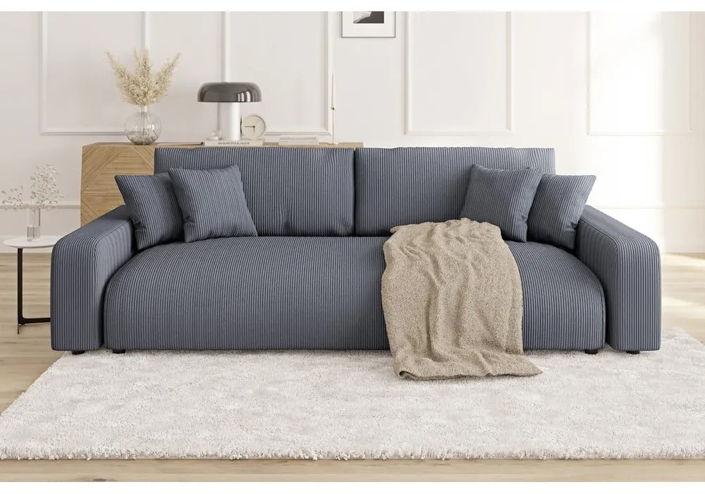 Canapea gri închis extensibilă, cu spațiu de depozitare, cu tapițerie din catifea reiată 234 cm Sara – Ropez