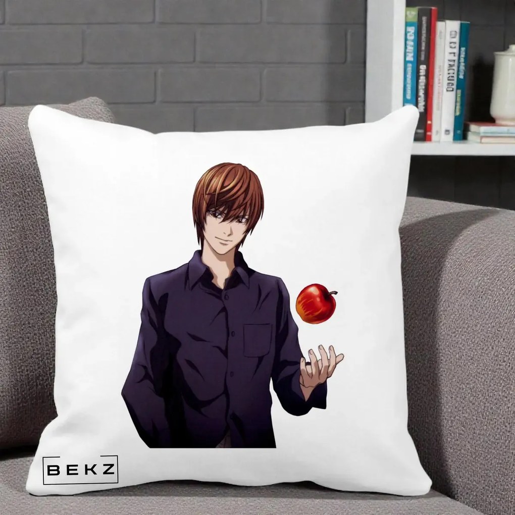 Perna Personalizata Death Note Light Yagami cu Mar, 40x40 cm, Alba Mata, Husa Detasabila, Perna Inclusa, BEKZ®