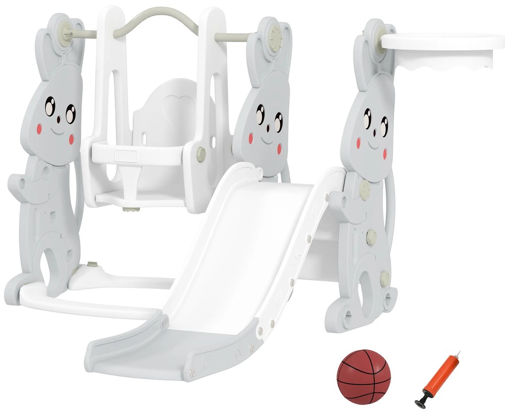 AIYAPLAY Set de jocuri 4 în 1 pentru copii, Tobogan, Leagăn, Structură de escaladă, Coș de baschet, Plastic, Design cu iepurași, Gri | Aosom Romania