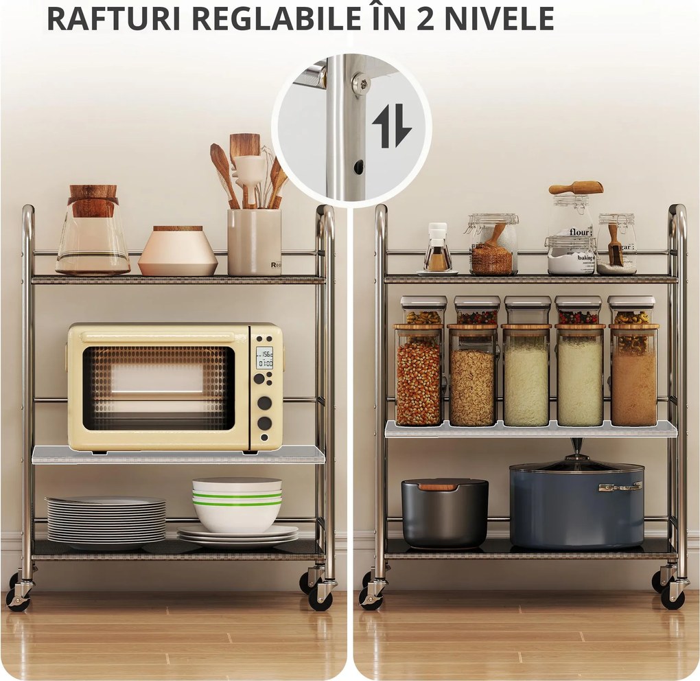 HOMCOM Cărucior de bucătărie cu 3 rafturi pe roți, cu mânere, argintiu | Aosom Romania