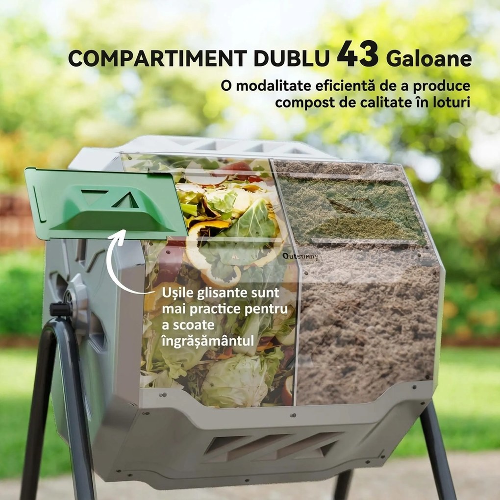 Outsunny Compostor Rotativ cu 2 Secțiuni și 8 Prize de Aerisire din Oțel și PP, 160L, 71x65x96 cm, Gri | Aosom Romania
