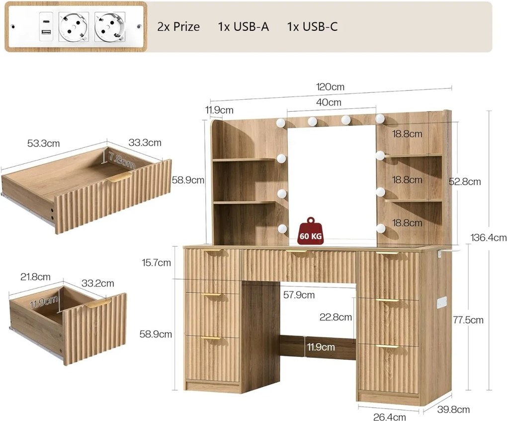 Masuta machiaj 120 cm, Alba sau Maro cu Oglinda LED si 7 Sertare pentru Cosmetice, Set Masa toaleta cu 2 Prize, USB si USB-C, masuta cosmetica,
