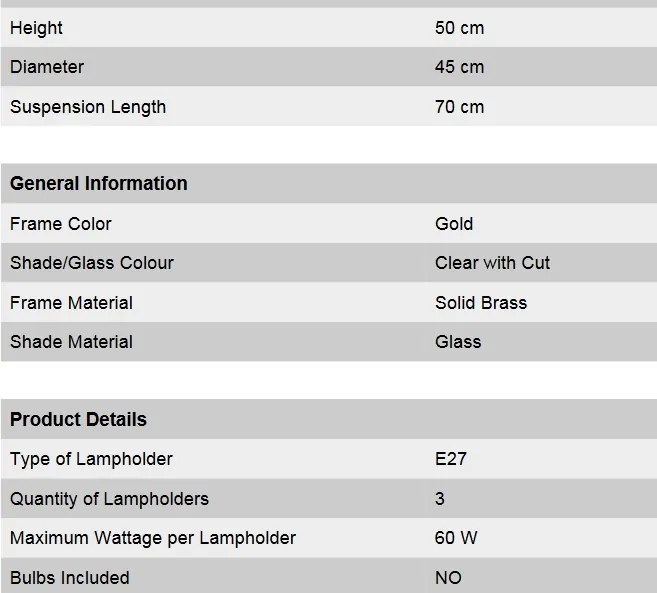 Candelabru cu 3 brate, elegant design LUX Budapest, auriu LU 1440/3 gold/411 klar-Schliff OR