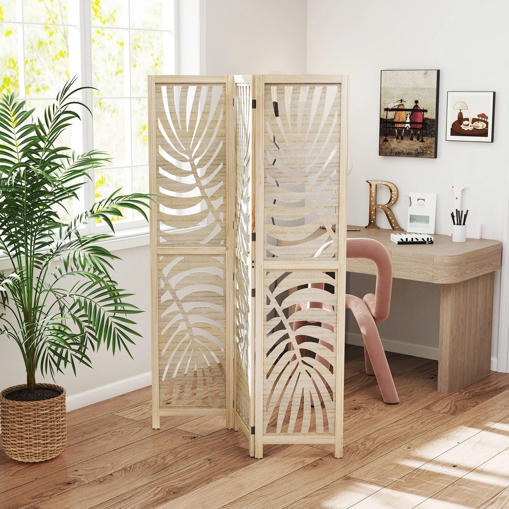 HOMCOM Paravan cu 3 Panouri, Separator Pliabil cu Design Frunze pentru Interior, Finisaj Natural | Aosom Romania