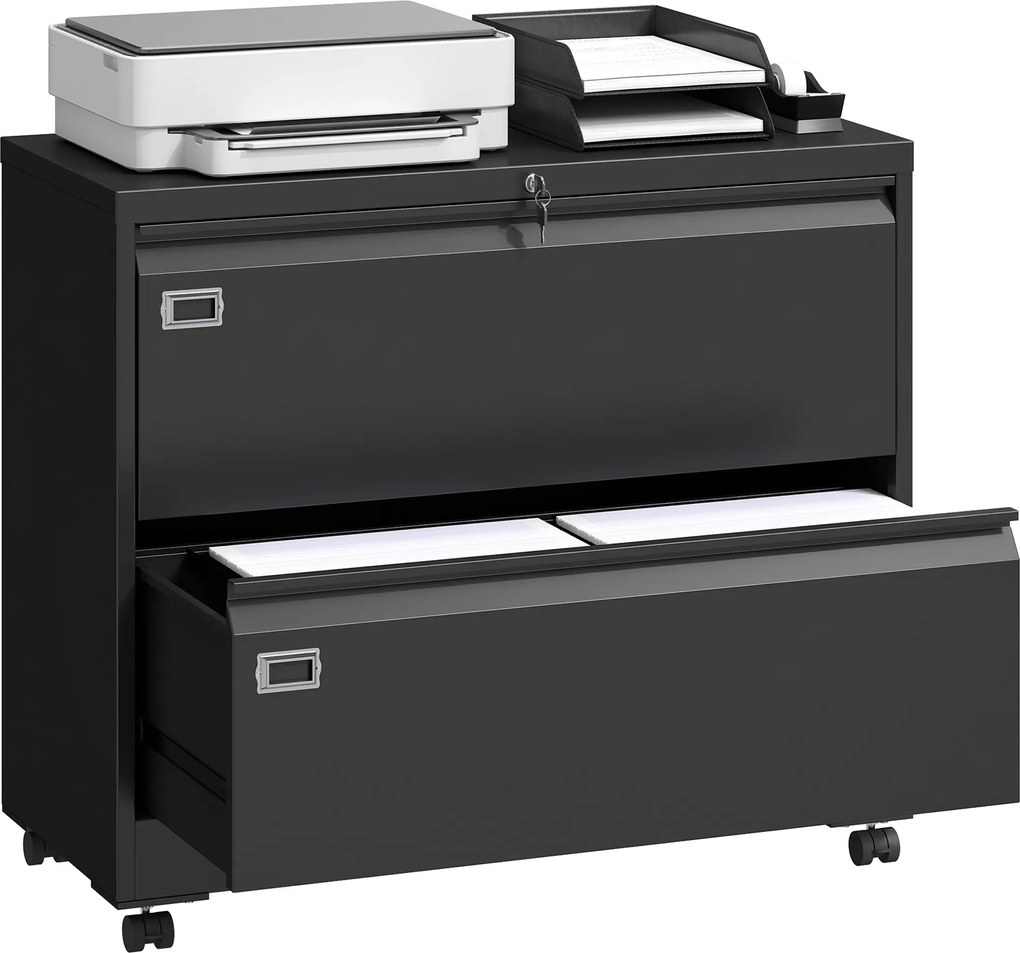 HOMCOM Container mobil cu 2 sertare închidere dulap pentru dosare cu șină suspendată reglabilă 90 x 40 x 77,4 cm Negru | Aosom Romania