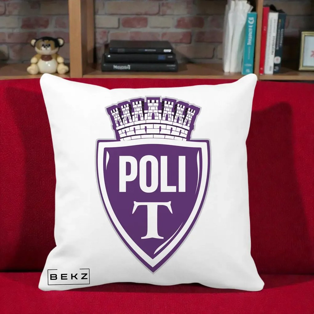 Perna Personalizata Poli Timisoara Fotbal, 40x40 cm, Alba Mata, Husa Detasabila, Perna Inclusa, BEKZ®