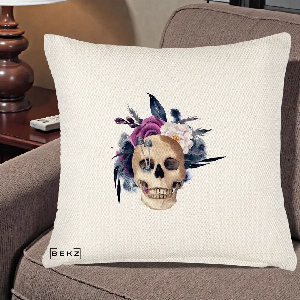 Perna Decorativa Craniu Floral cu Trandafiri si Ciuperci, 40x40 cm, Crem Reliefat, Husa Detasabila, Perna Inclusa, BEKZ®
