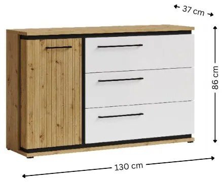 Comoda ML12, cu usa si 3 sertare, corp artisan, fronturi MDF artisan + alb, 130x37x86 cm