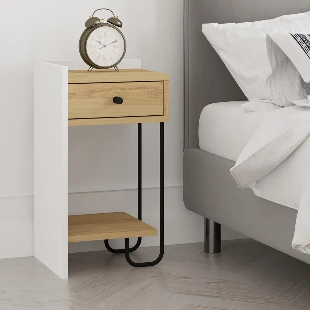 Noptieră albă/în culoare naturală cu rafturi cu aspect de lemn de stejar Mercure – Marckeric