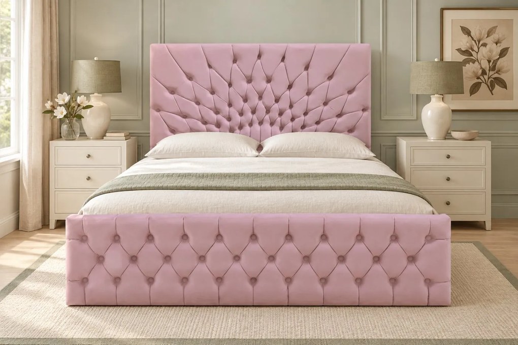 Pat tapițat Chesterfield din catifea Venezia 140×200 cm, roz, cu ladă de depozitare
