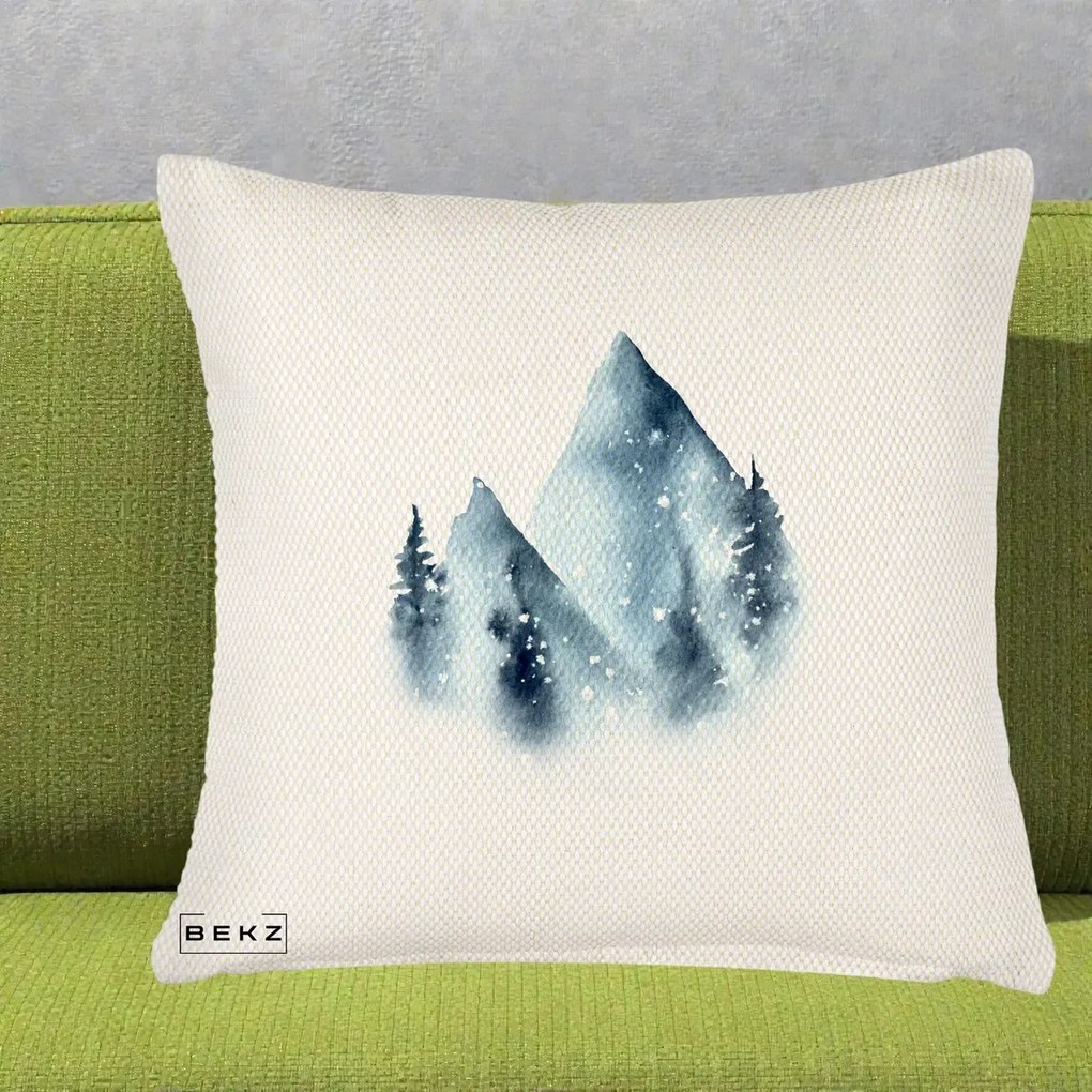Perna Decorativa Munti Inzapeziti Acuarela Indigo, 40x40 cm, Crem Reliefat, Husa Detasabila, Perna Inclusa, BEKZ®