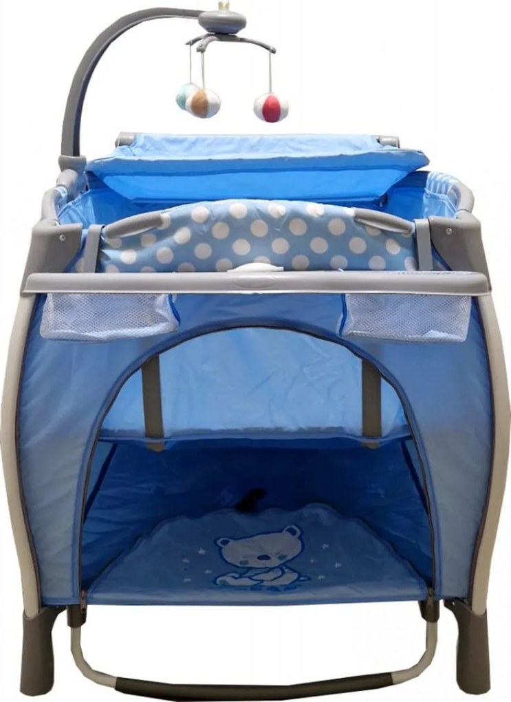 Patut Pliabil rotund cu balansoar, Tarc copii Baby Care™ PRO FRW, 2 Niveluri de inaltime, Cu melodii si Masa infasat, Carusel cu jucarii din plus,