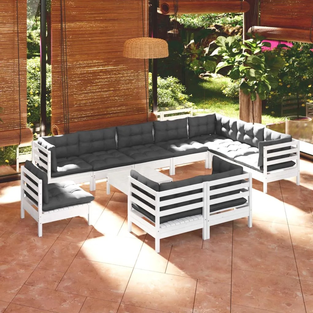 vidaXL Set mobilier grădină cu perne, 11 piese, alb, lemn masiv pin