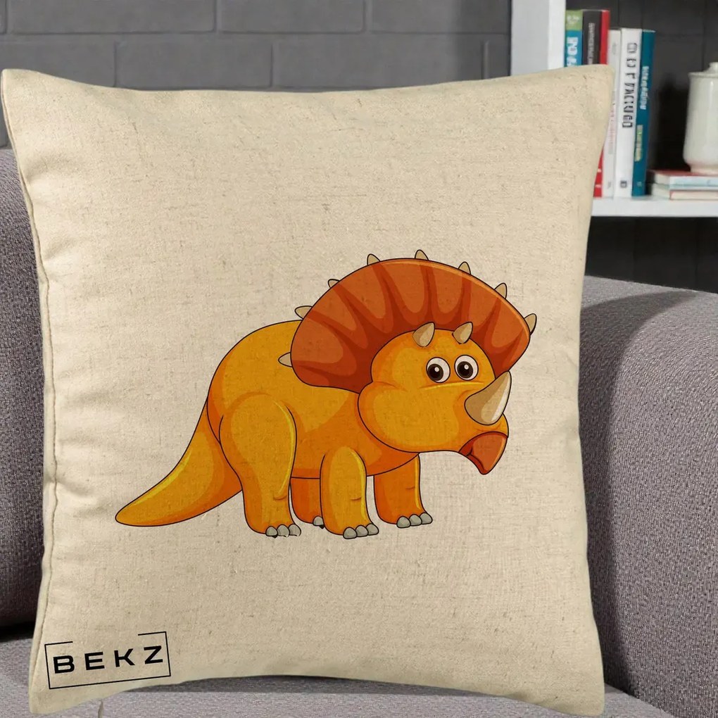 Perna Decorativa Triceratops Portocaliu, 40x40 cm, Bej, Husa Detasabila, Perna Inclusa, BEKZ®
