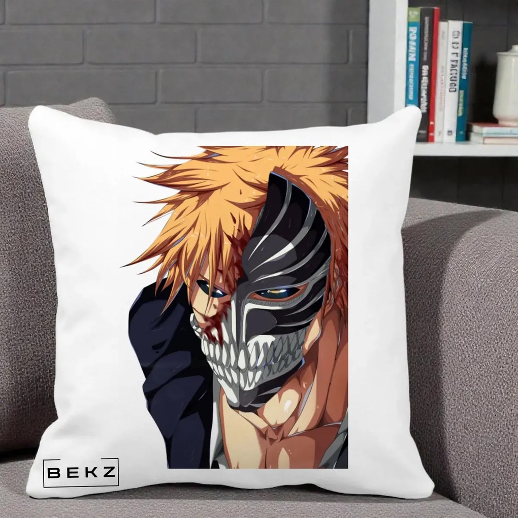 Perna Personalizata Bleach Ichigo Masca Hollow, 40x40 cm, Alba Mata, Husa Detasabila, Perna Inclusa, BEKZ®