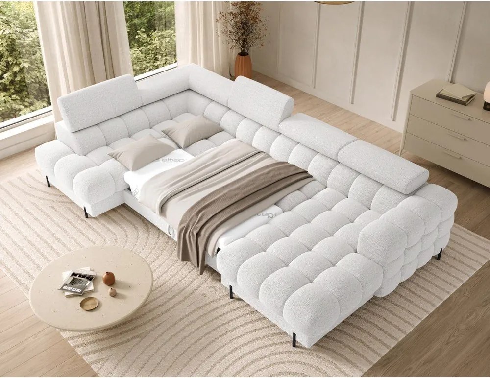 Colțar crem extensibil cu tapițerie din țesătură bouclé (cu colț pe partea stângă/în formă de "U") Feraria – ELTAP