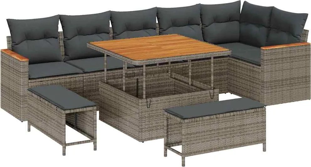 vidaXL Set de canapele pentru grădină cu pernă 9 pcs Gri Rattan poli