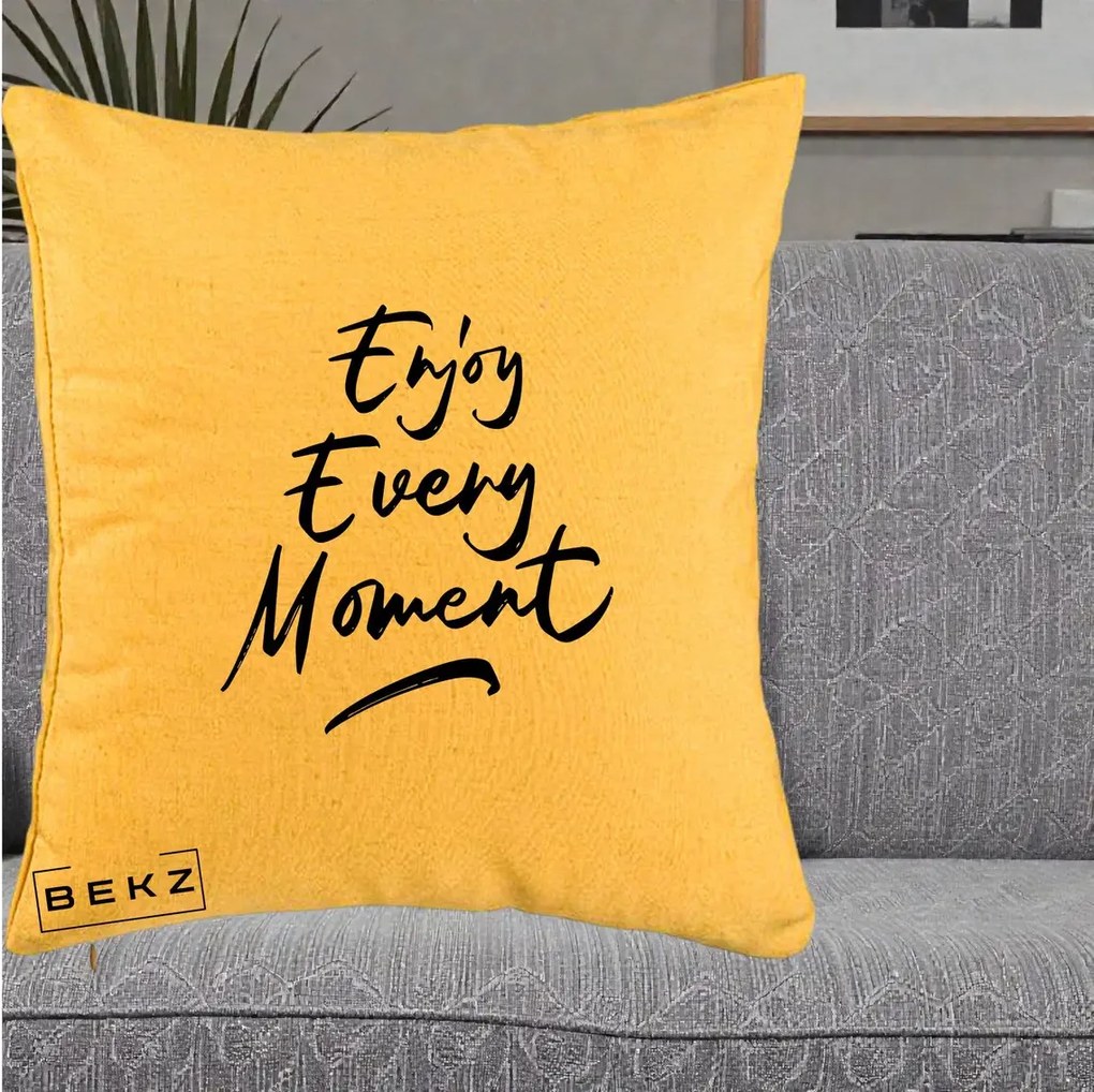 Perna Decorativa Enjoy Every Moment, 40x40 cm, Galben, Husa Detasabila, Perna Inclusa, BEKZ®