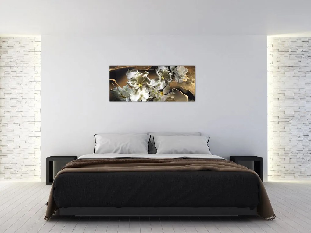 Tablou - Flori de orhidee pe fundal de marmură (120x50 cm)