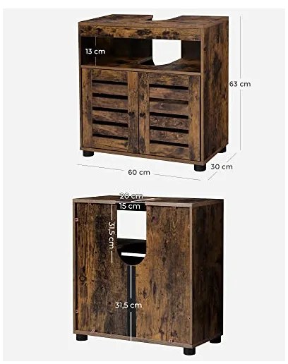 Dulap de depozitare pentru chiuveta, Vasagle, 2 usi, Maro Rustic, 60 x 30 x 63 cm