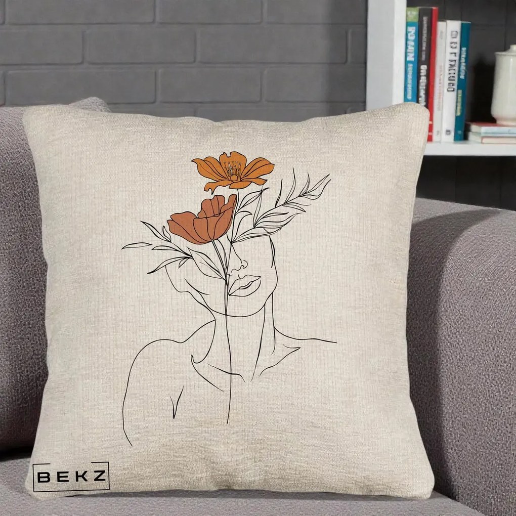 Perna Decorativa Portret Feminin Doua Flori, 40x40 cm, Bej Canapea, Husa Detasabila, Perna Inclusa, BEKZ®