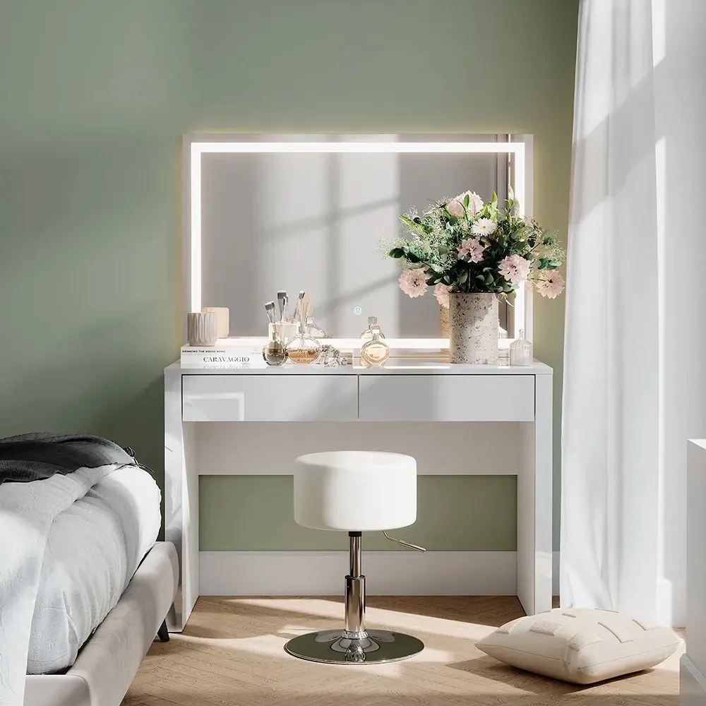 SEA813 - Set Masa toaleta, 110 cm, moderna cosmetica machiaj oglinda cu LED, masuta vanity cu sau fără Scaun - Alb Lucios