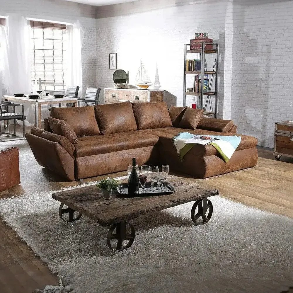 Colțar extensibil dumonde cu ladă de depozitare si sezut confortabil din spuma high-density, Loana Madagaskar Brown 270x185 cm