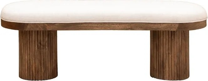 Banchetă din lemn de mango natur cu șezut din bumbac alb și picioare cilindrice cu linii sculpturale, finisaj lucios, 126,5×46×41 cm, „Soucha"