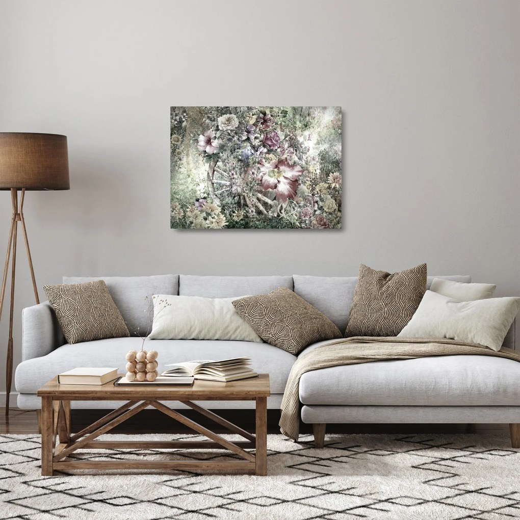 Tablou pe sticlă - Flori pe roata de lemn (70x50 cm)