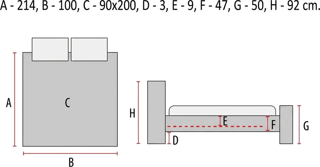 Pat tapitat Culoare Gri / Stejar, ALESSIA 90x200