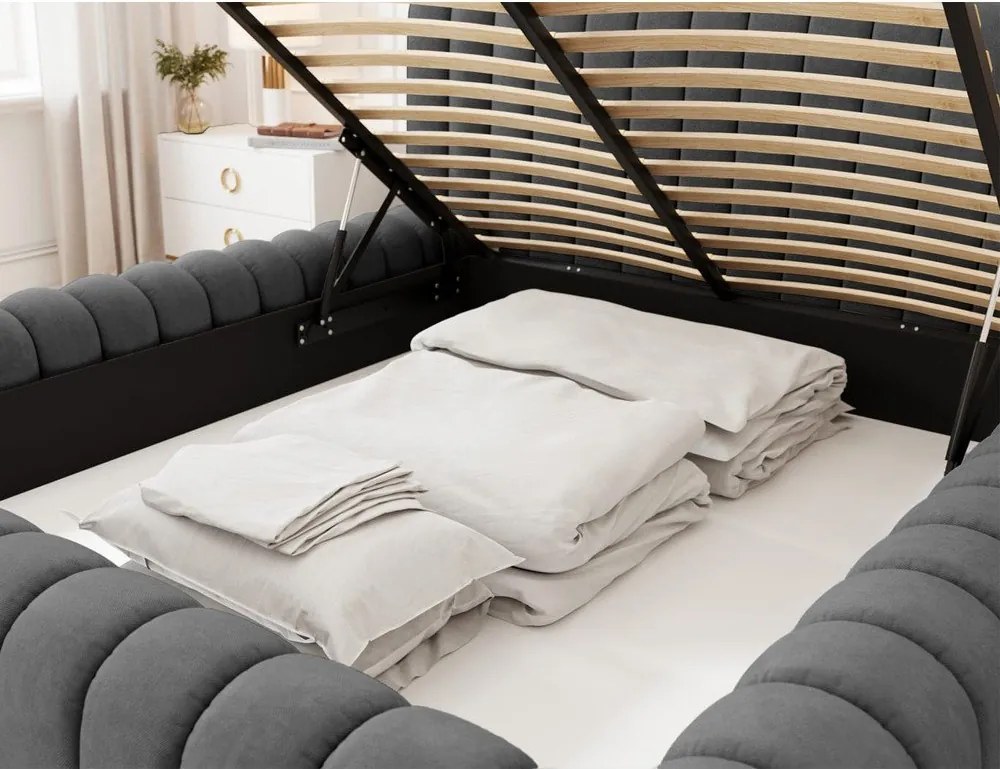 Pat matrimonial gri închis tapițat cu spațiu de depozitare cu somieră 140x200 cm Carilla – ELTAP