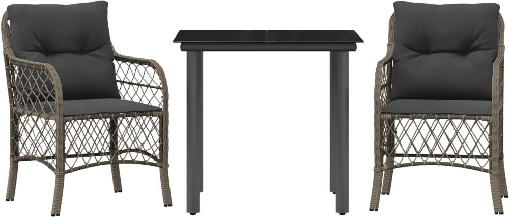 vidaXL Set bistro de grădină cu perne, 3 piese, gri, poliratan