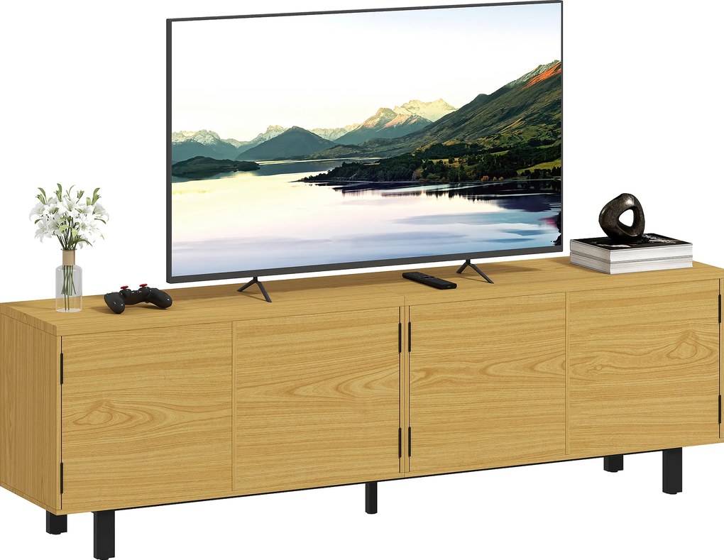 HOMCOM Comodă TV 180 cm, pentru televizoare de 208,3 cm, cu 4 uși cu deschidere prin apăsare 180x35x55,5cm lemn natural | Aosom Romania