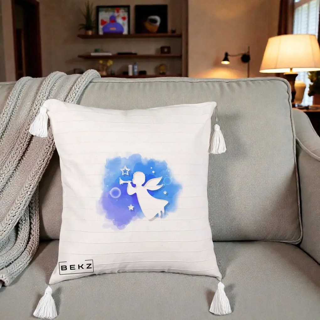 Perna Decorativa Inger cu Trompeta Albastru, 40x40 cm, Bej cu Franjuri, Husa Detasabila, Perna Inclusa, BEKZ®