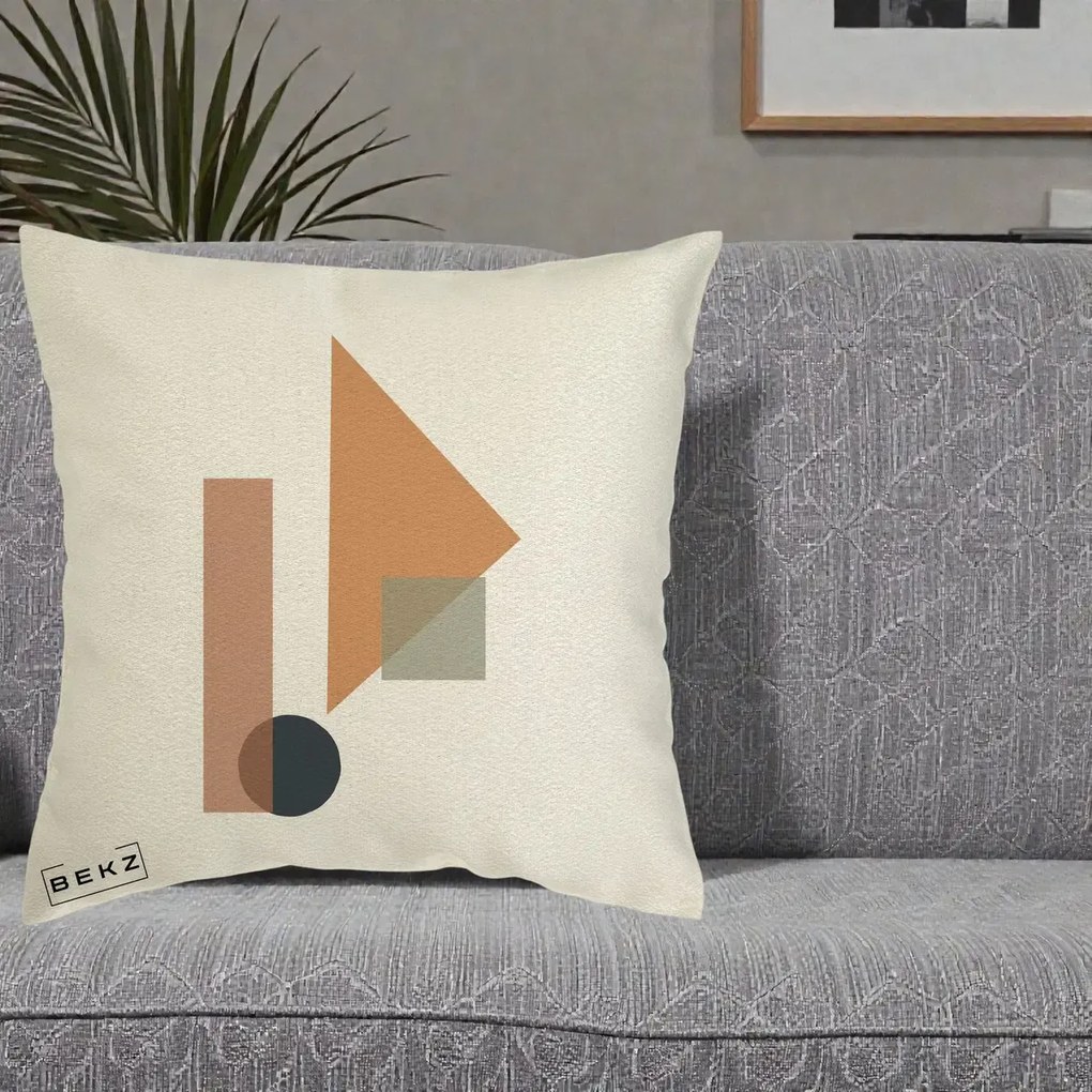 Perna Decorativa Geometric Bauhaus Triunghi, 40x40 cm, Ecru, Husa Detasabila, Perna Inclusa, BEKZ®