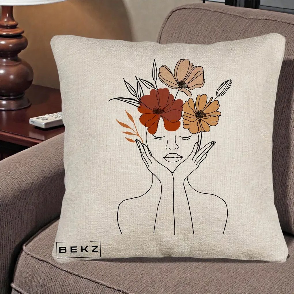 Perna Decorativa Portret Feminin Coroana Trei Flori, 40x40 cm, Bej Canapea, Husa Detasabila, Perna Inclusa, BEKZ®