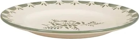 Farfurie din ceramică artizanală, natur, cu motive florale pictate manual verde și bordură decorativă, 19,5 cm, „Marion"