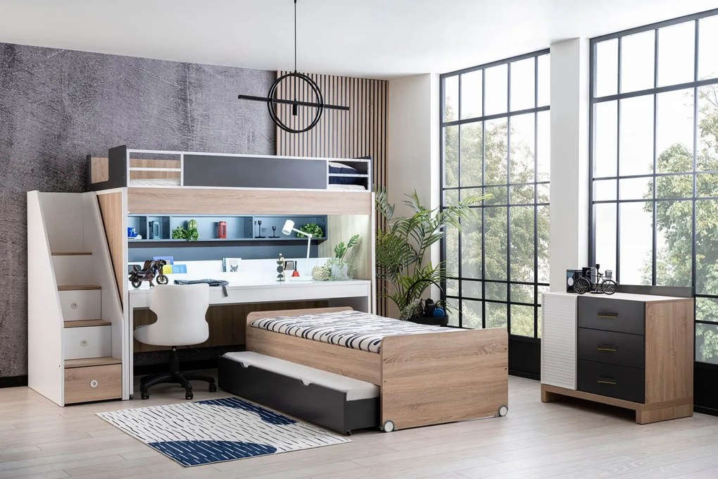 Pat etajat pentru copii cu spatiu de depozitare, birou pentru studii, Colectia  New City