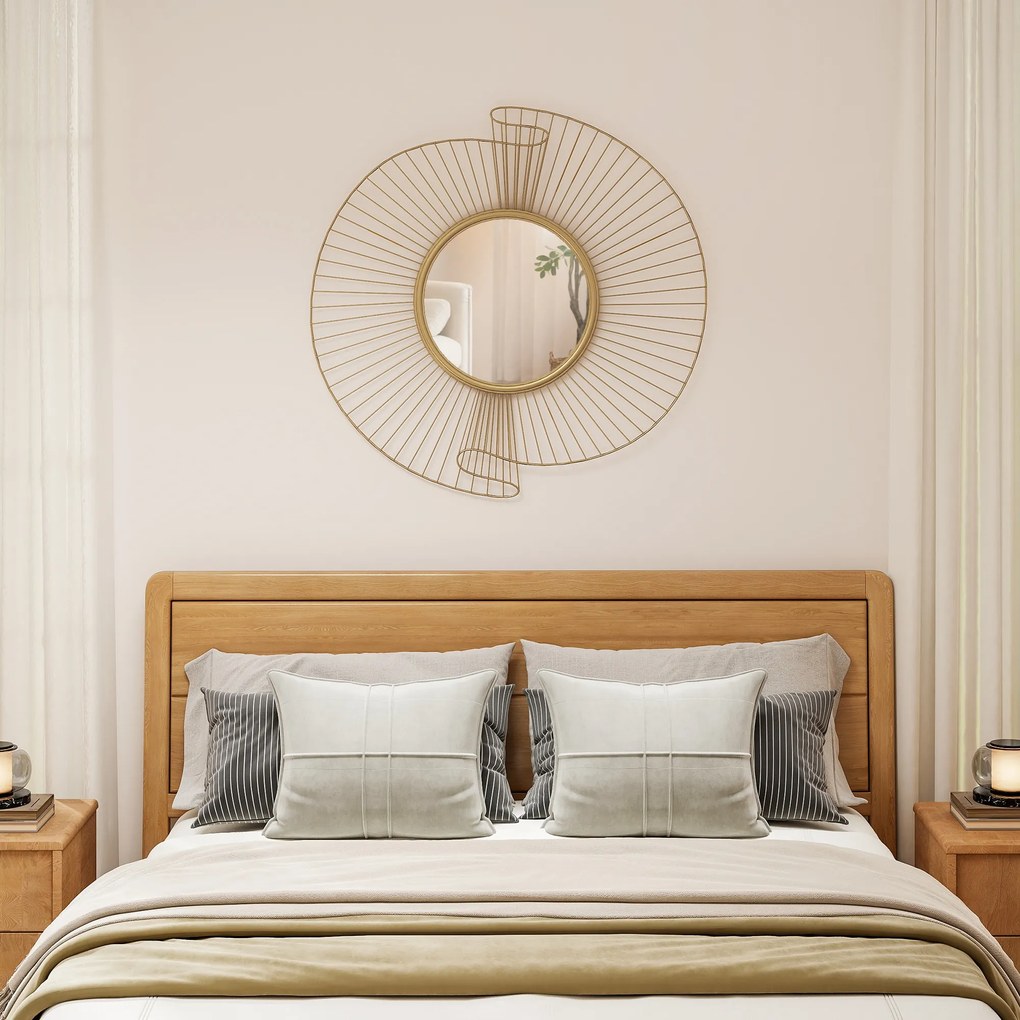 HOMCOM Oglindă Decorativă de Perete Rotundă, Design Modern cu Benzi Metalice și Ramă Plisată, Pentru Sufragerie, Dormitor și Hol, 60x60 cm, Auriu | Aosom Romania