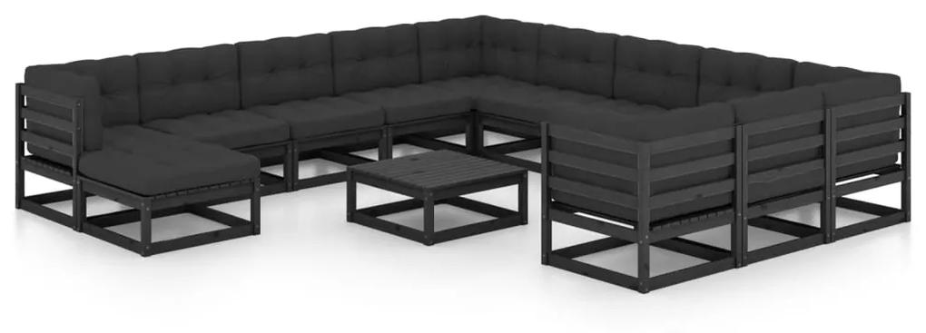 3077113 vidaXL Set mobilier grădină perne, 13 piese, negru, lemn masiv pin
